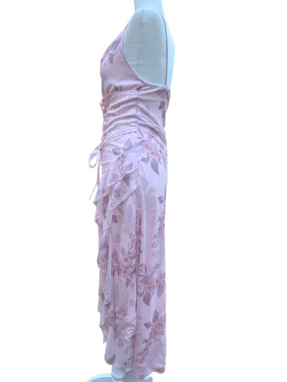 Pink Floral Cami Midi Dress Corset Waist Ruffled Slit Fairycore Garden Medium - Picture 7 of 8